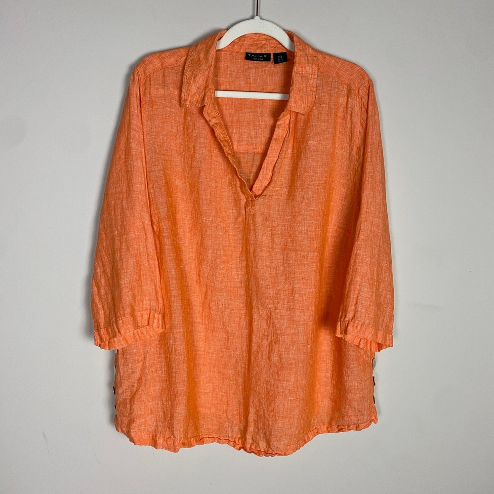 Tahari Linen Popover Top Womens 1X 3/4 Sleeve Side Button Beachy Coastal Natural
